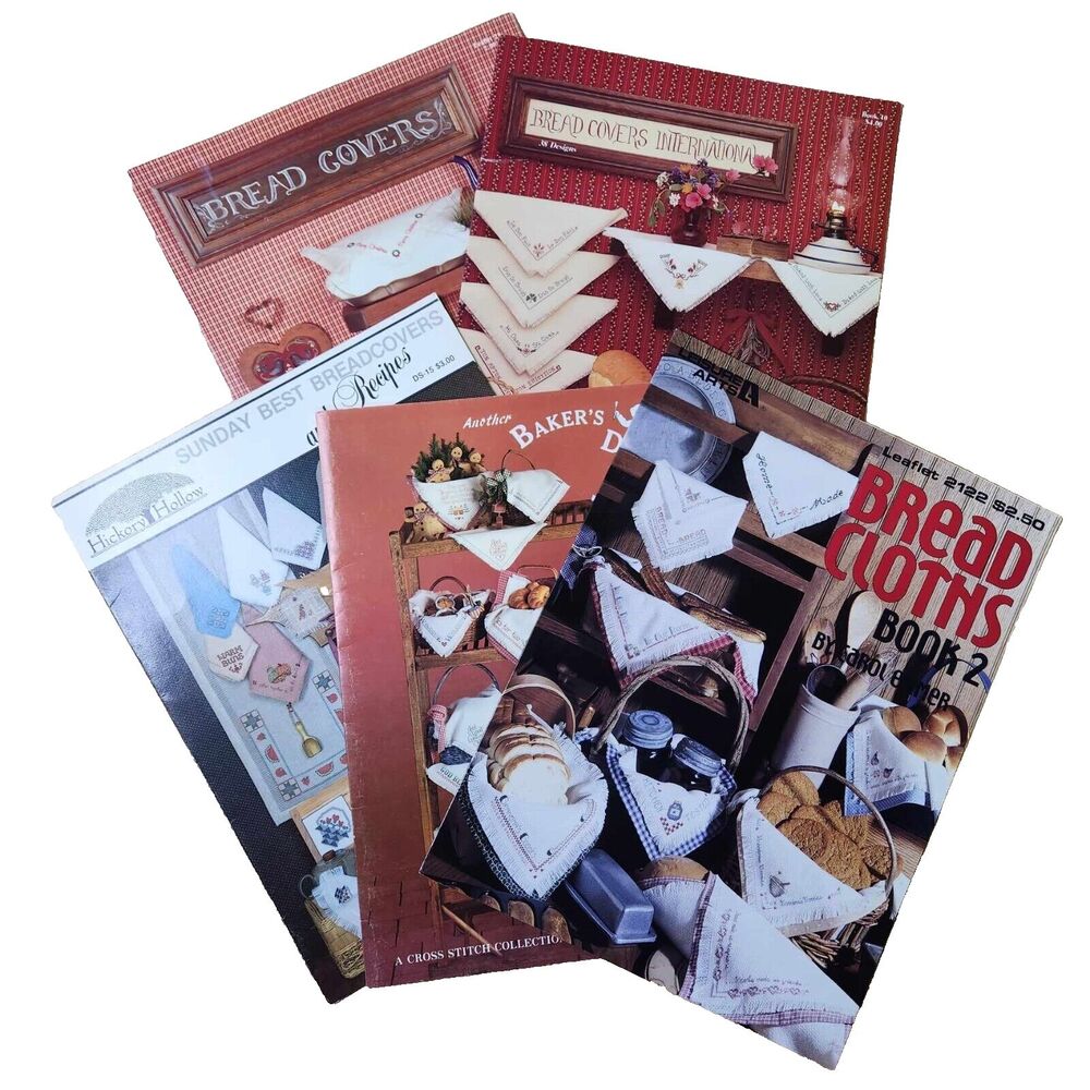 Lot of 5 Vintage Bread Cloths Cross Stitch Pattern Booklets Primitive Kitchen
